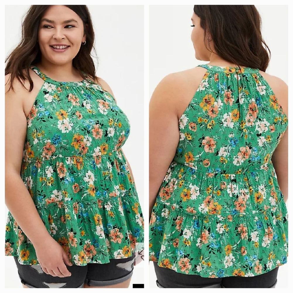 Torrid Green Floral Eyelet Halter Tank 4x